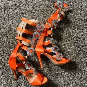 Orange Strappy Heels with Rhinestone Accents